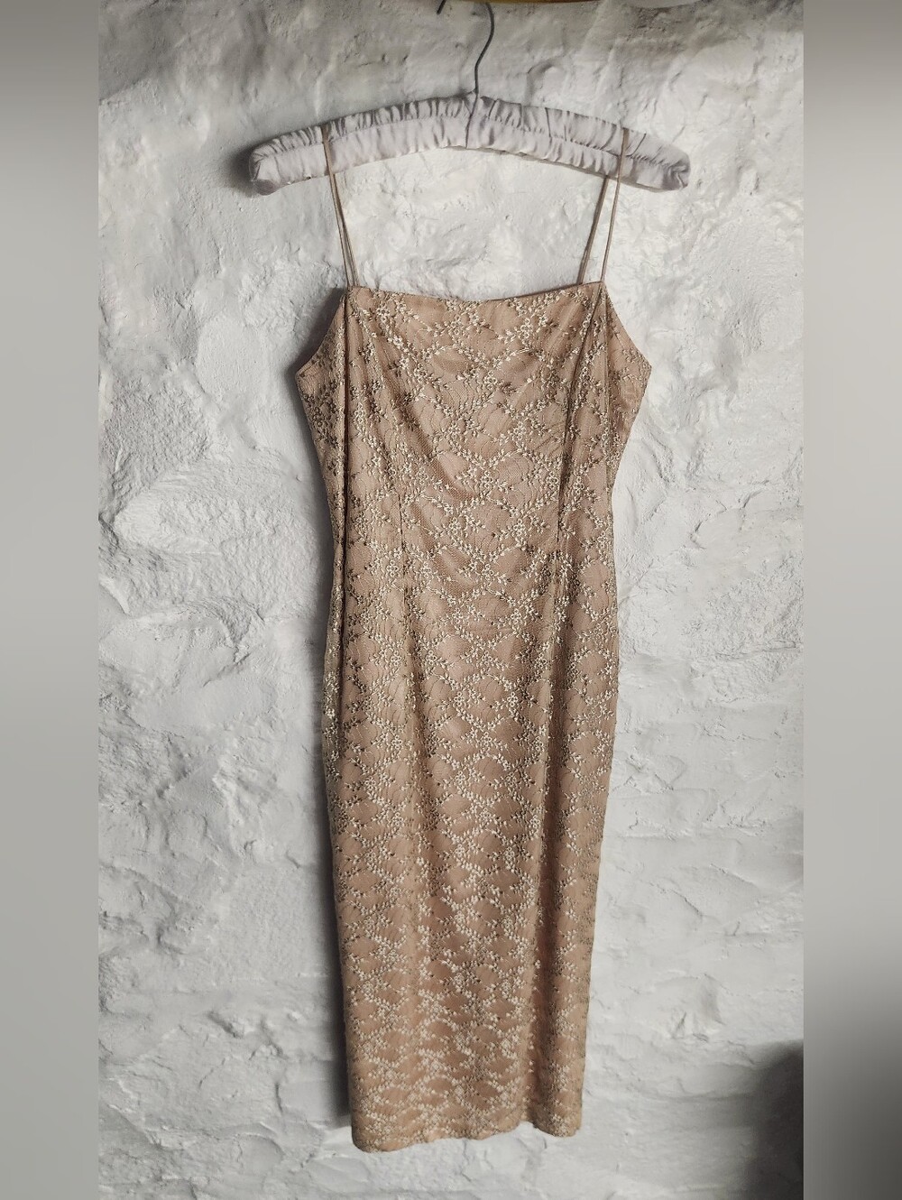 Alex Evenings Champagne Gold Lace Midi Dress Spaghetti Strap Cocktail Sheath S